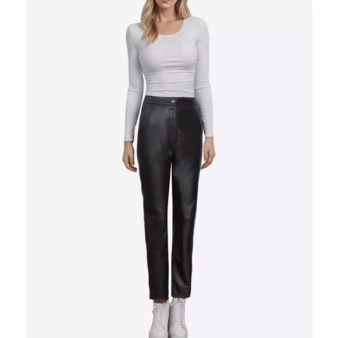 Straight Leg High-Rise Design Women's Leather Trousers in Black