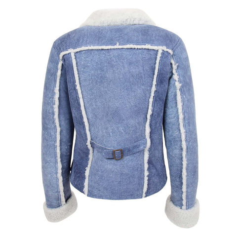 Womens Real Sheepskin Trucker Jacket Kylie Denim Blue