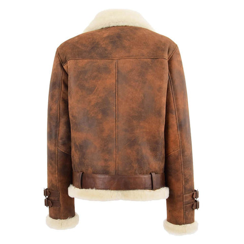 Womens Sheepskin Aviator Cross Zip Pilot Jacket Lena Vintage Brown