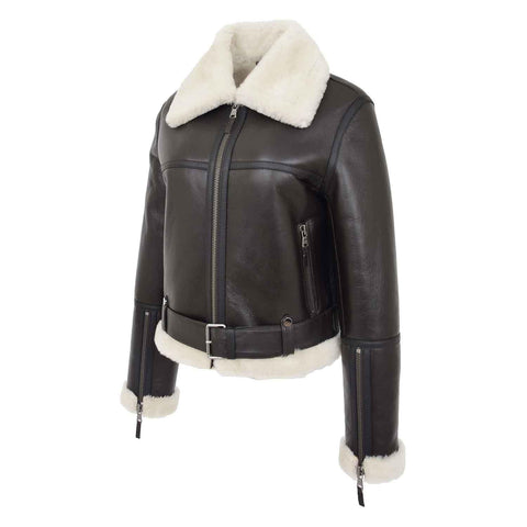 Womens Sheepskin Aviator RAF Pilot Jacket Elsie Brown White