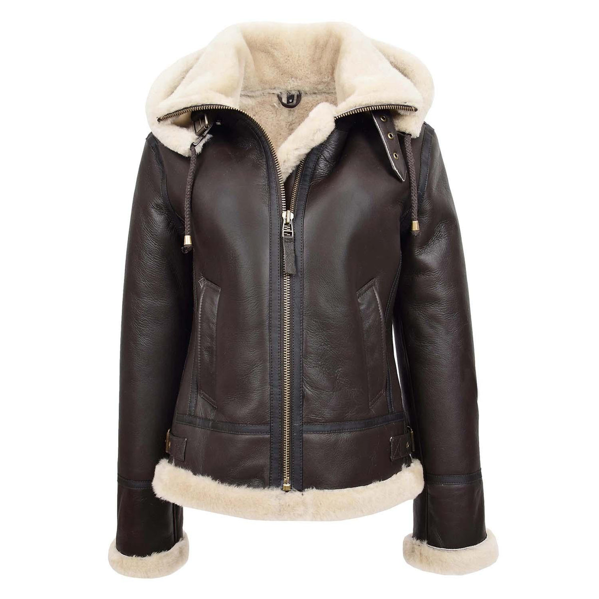 Womens Sheepskin B3 Detachable Hoodie Jacket Naomi Brown White