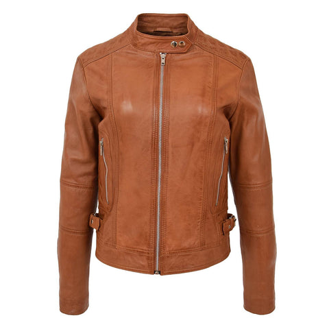 Womens Soft Leather Casual Zip Biker Jacket Ruby Tan