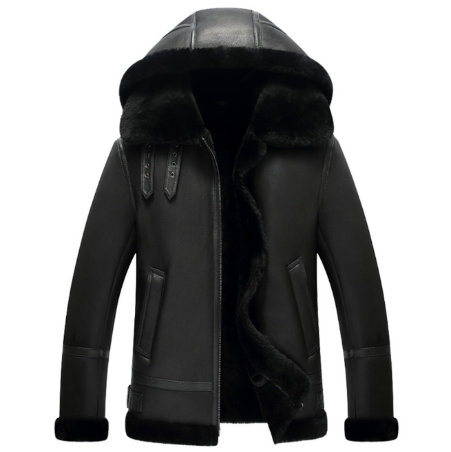 Mens RAF Sheepskin Jacket With Removable Hood Black