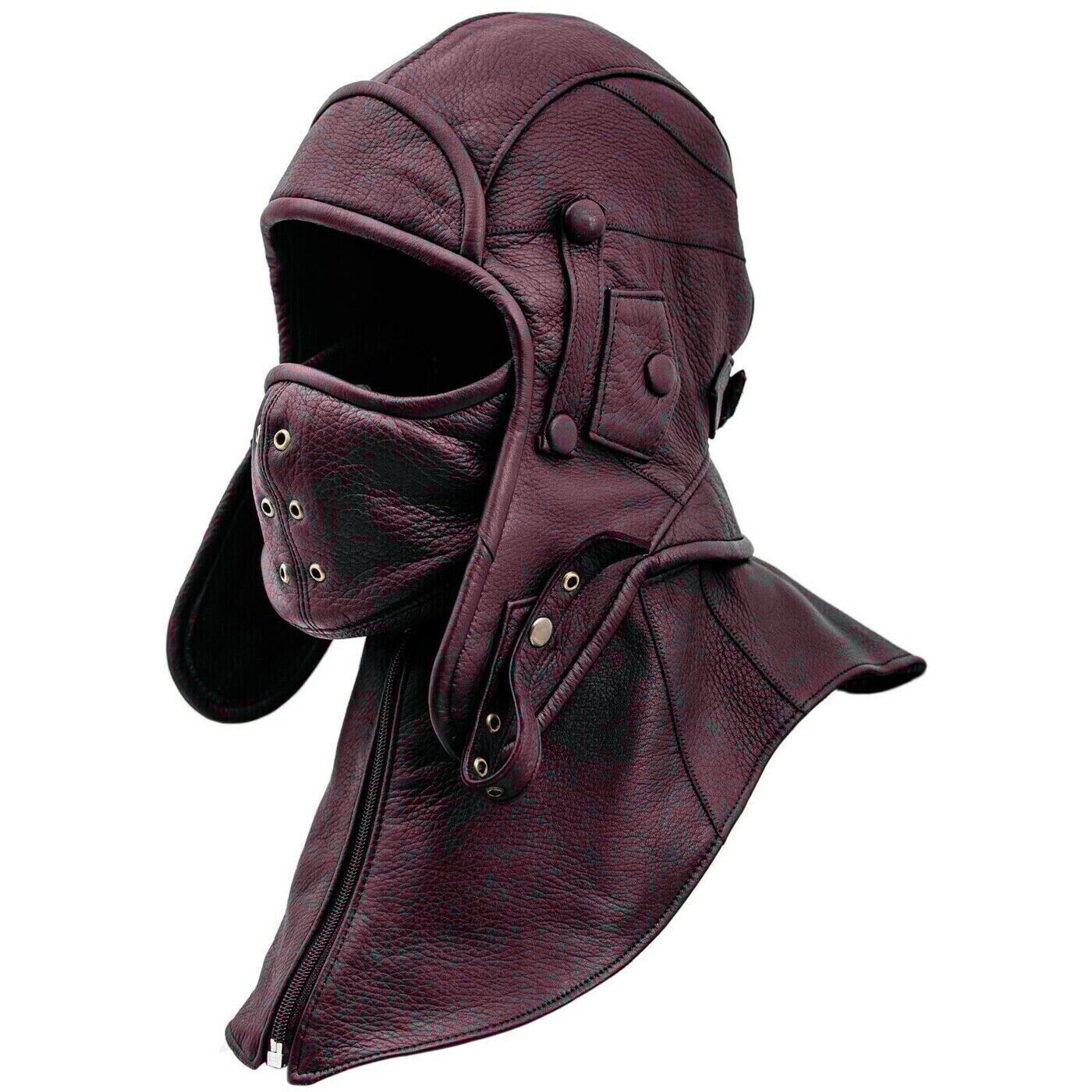 Leather Aviator Cap Hood With Collar and Face Mask