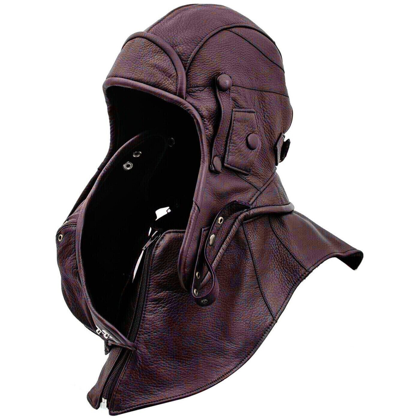 Leather Aviator Cap Hood With Collar and Face Mask