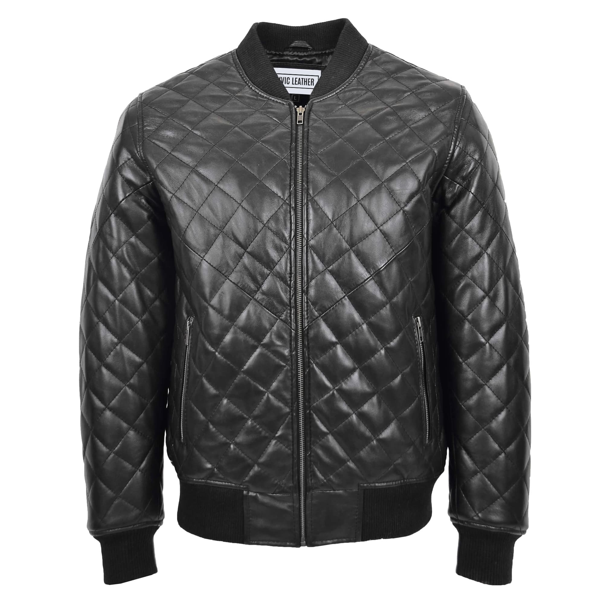 Mens Leather Quilted Bomber Jacket Black