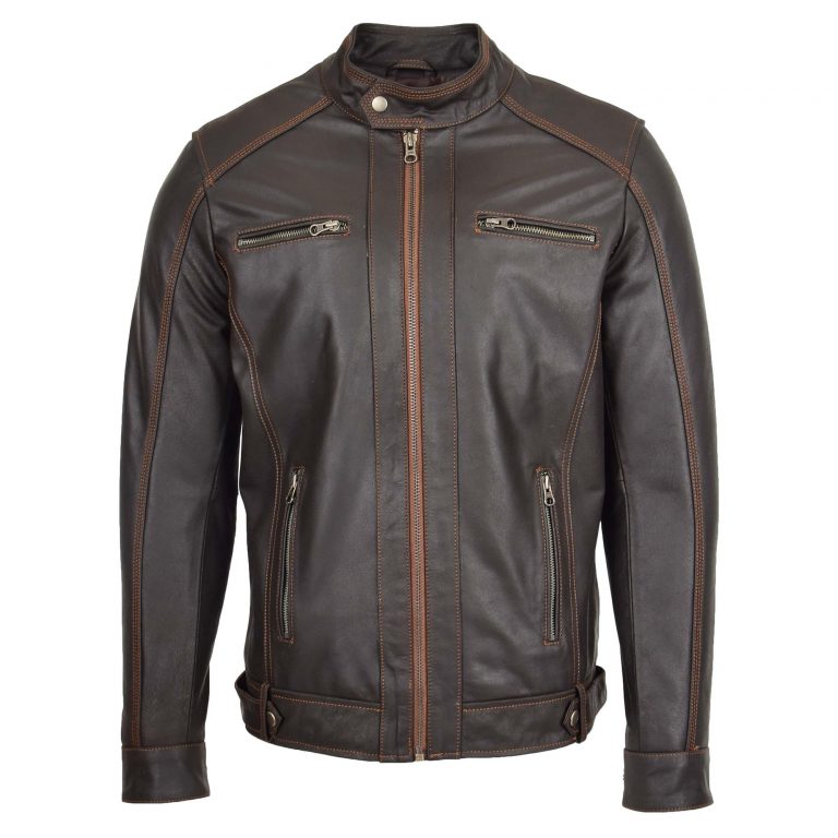 Mens Classic Leather Biker Style Zip Jacket Ethan Brown