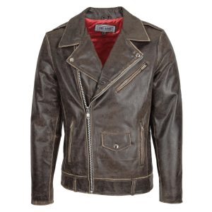 Mens Leather Biker Brando Design Jacket Brown