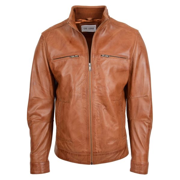 Mens Standing Collar Leather Jacket Tony Tan