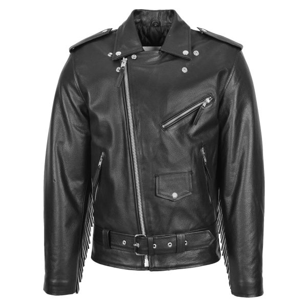 Mens Biker Brando Leather Jacket with Fringes Black