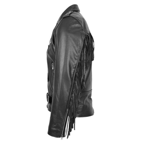 Mens Biker Brando Leather Jacket with Fringes Black