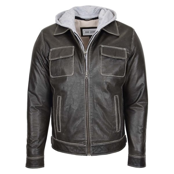 Mens Leather Detachable Hoodie Work Jacket Grey