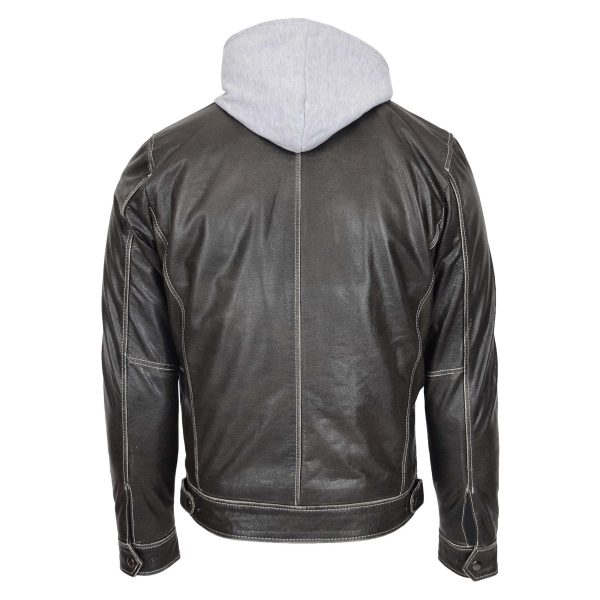Mens Leather Detachable Hoodie Work Jacket Grey