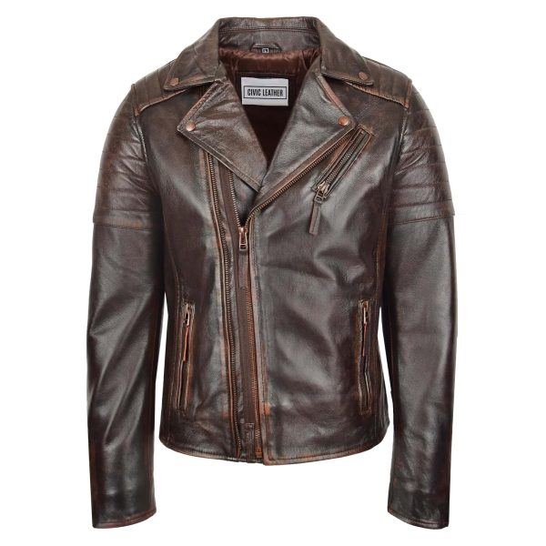 Brown Dual Cross Zip Leather Biker Jacket