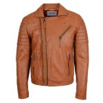 Tan Dual Cross Zip Leather Biker Jacket