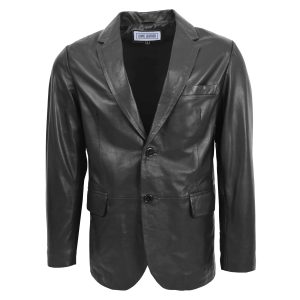 Mens Leather Blazer Two Button Jacket Black