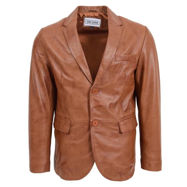 Mens Leather Blazer Two Button Jacket Tan