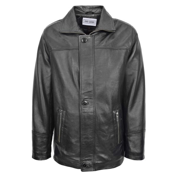 Mens Leather Classic Coat Detachable Collar Black