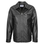 Mens Soft Leather Plain Zip Box Casual Jacket Frank Black