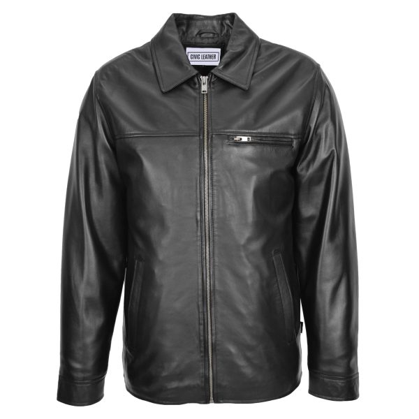 Mens Soft Leather Plain Zip Box Casual Jacket Frank Black