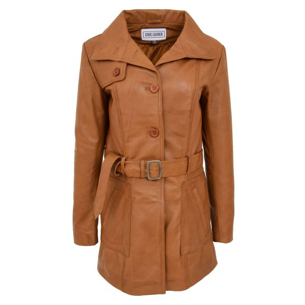 Womens Leather Trench Coat with Belt Shania Tan