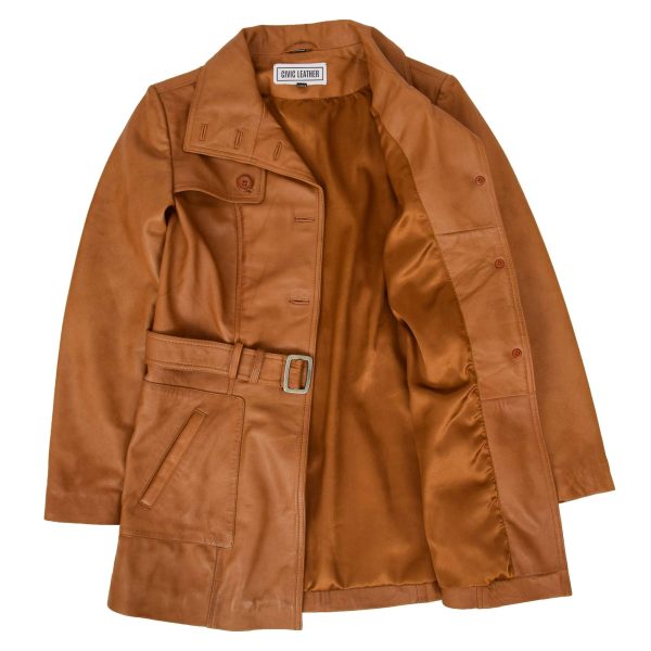 Womens Leather Trench Coat with Belt Shania Tan