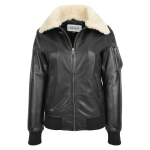 Womens Leather Bomber Jacket Removable Collar Thea Black