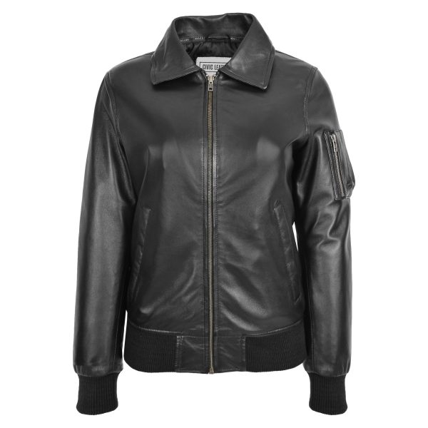 Womens Leather Bomber Jacket Removable Collar Thea Black