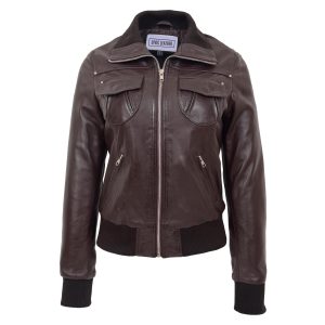 Womens Leather Classic Bomber Jacket Motto Brown