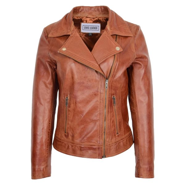 Womens Leather Biker Jacket with Detachable Collar Lauren Chestnut