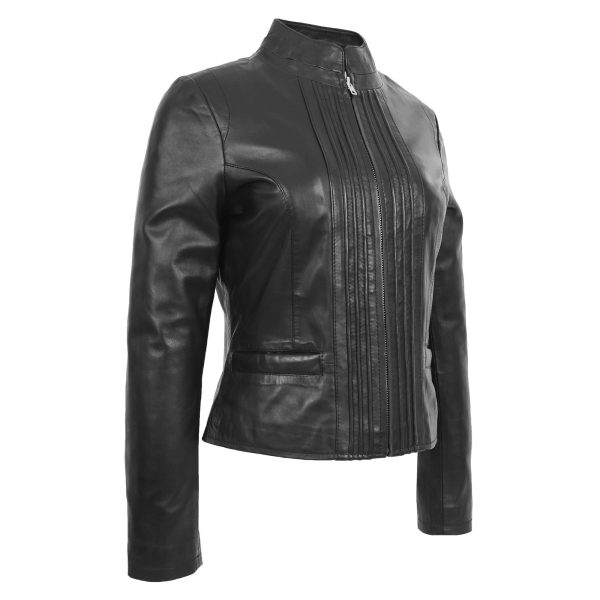 Womens Leather Casual Standing Collar Jacket Ivy Black