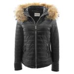 Womens Leather Puffer Coat Detachable Hooded Lucy Black