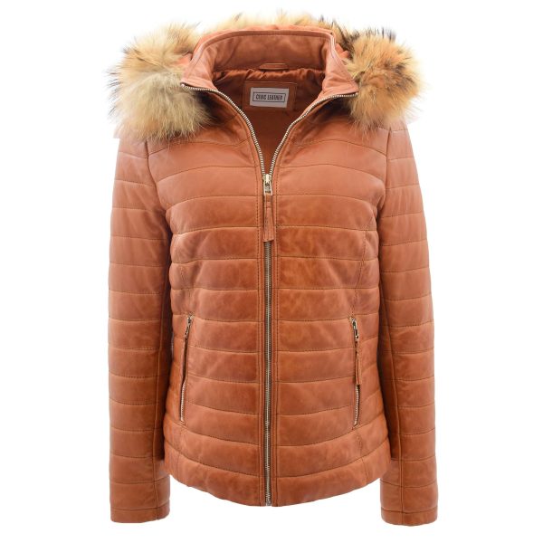 Womens Leather Puffer Coat Detachable Hooded Lucy Tan