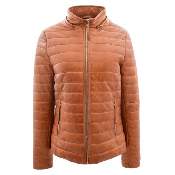Womens Leather Puffer Coat Detachable Hooded Lucy Tan